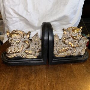 Foo‎ Dog Chinese Bookends Golden Colored Heavy Asian Decorative Bookshelf Ends